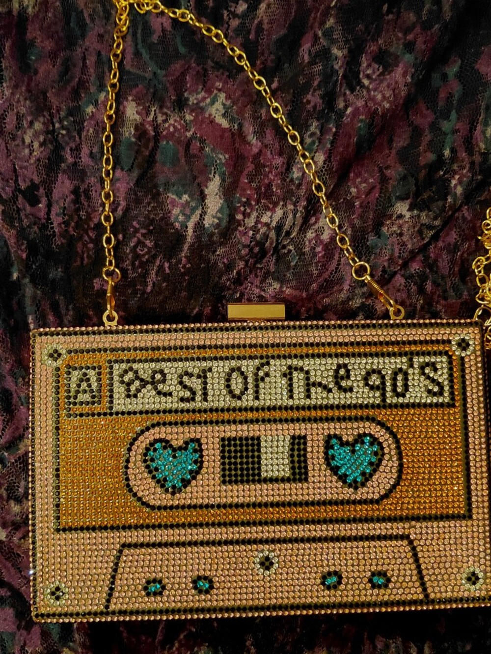 Gold Rhinestone Cassette Clutch Bag with Turquoise Accents - Unbranded